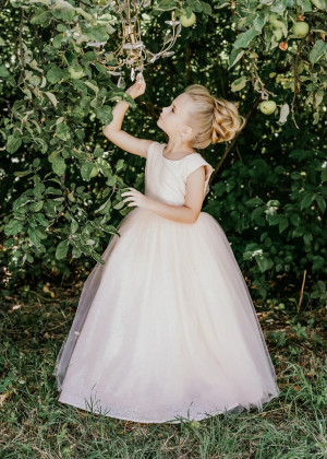 Peach Pink Sequin Tulle V Back Flower Girl Dress